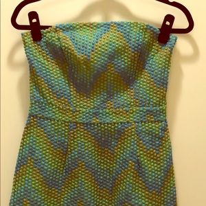 Beth Bowley green & blue textured strapless dress